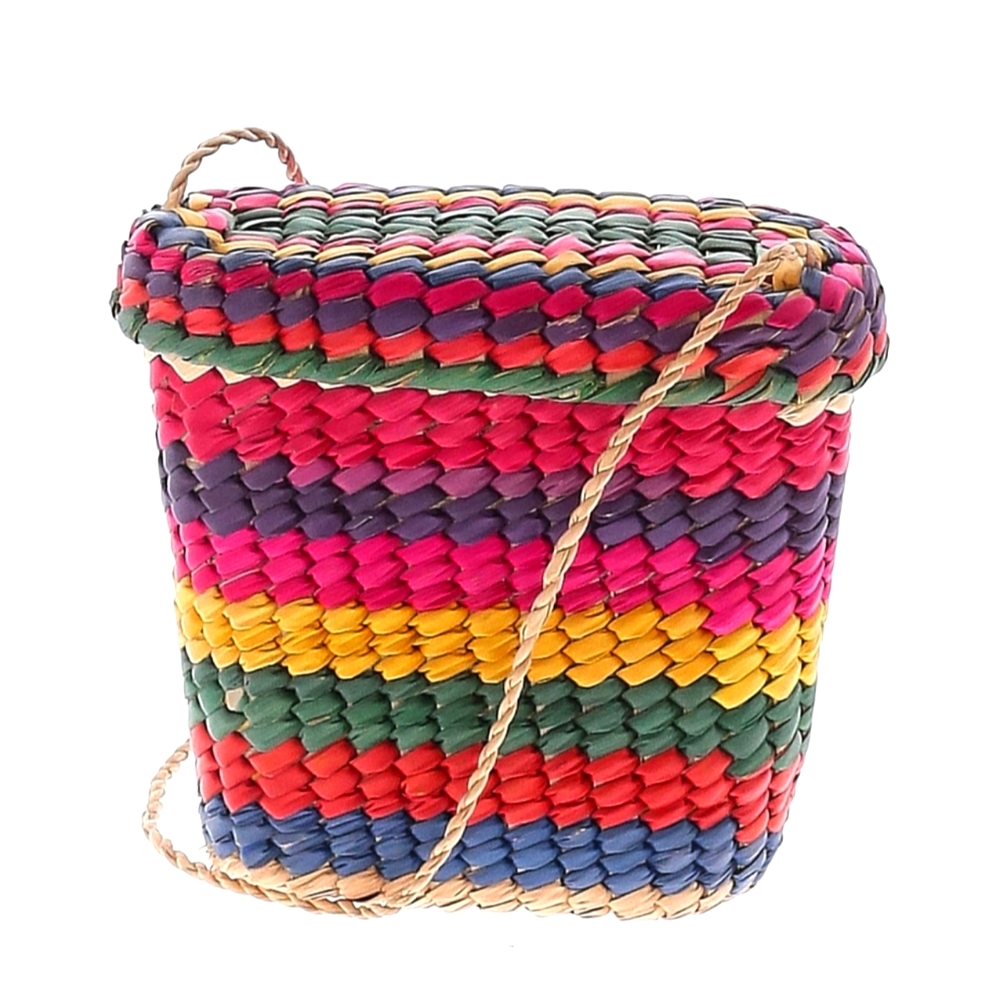 Vintage Rainbow Striped Raffia Woven Jute Straw Picnic Crossbody Purse Bag